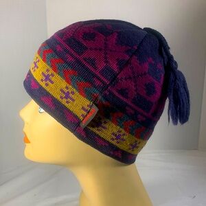 Wigwam Vintage Fair Isle Navy Purple Muti Colors Stocking Cap Tassel Beanie Hat